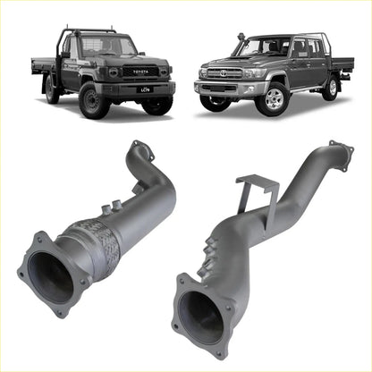 Gray metallic exhaust manifold with flanged ends and braided section from redback extreme duty 4 inch turbo back kit for landcruiser
