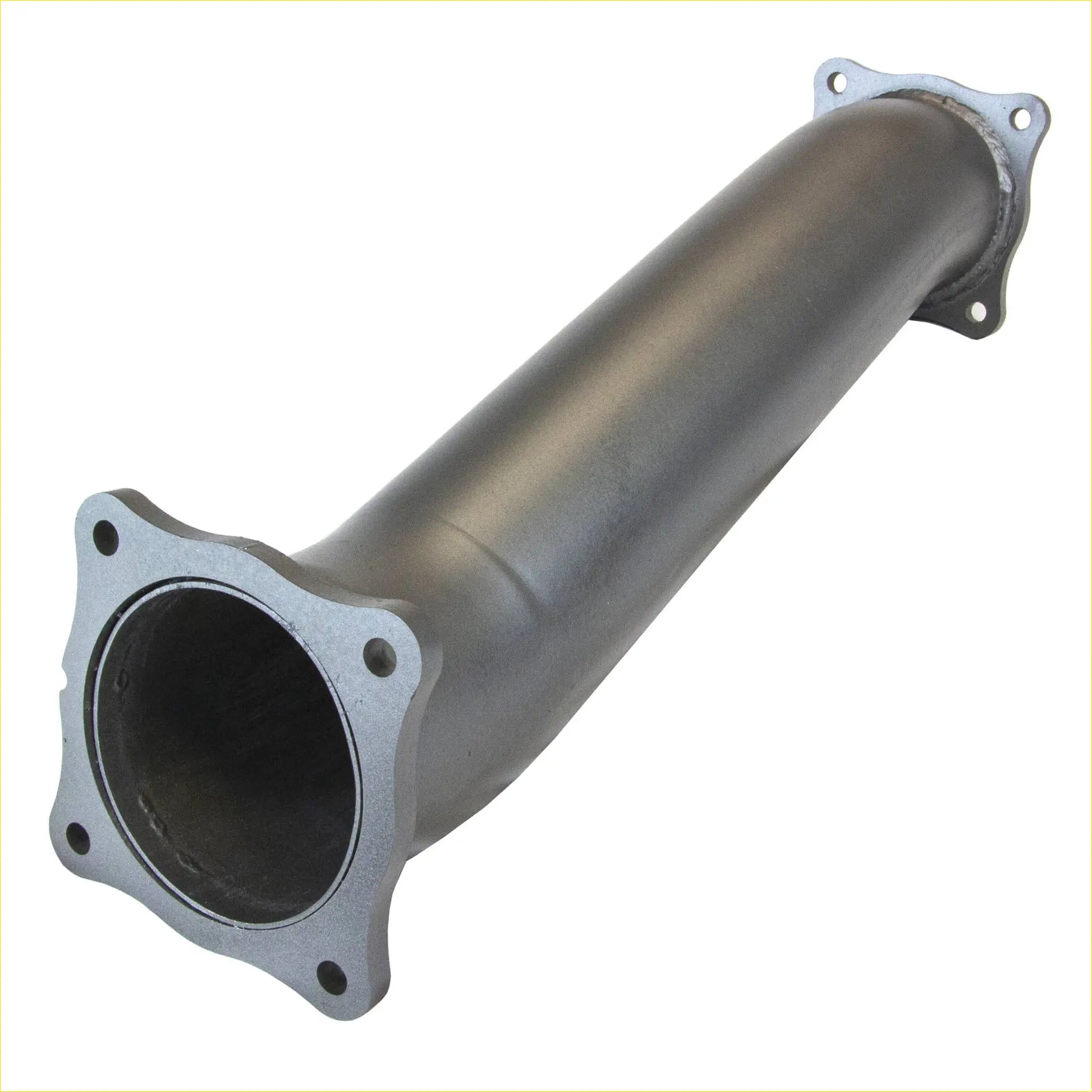 Silver metallic exhaust manifold with flanged ends and bolt holes for redback extreme duty 4 inch turbo back kit