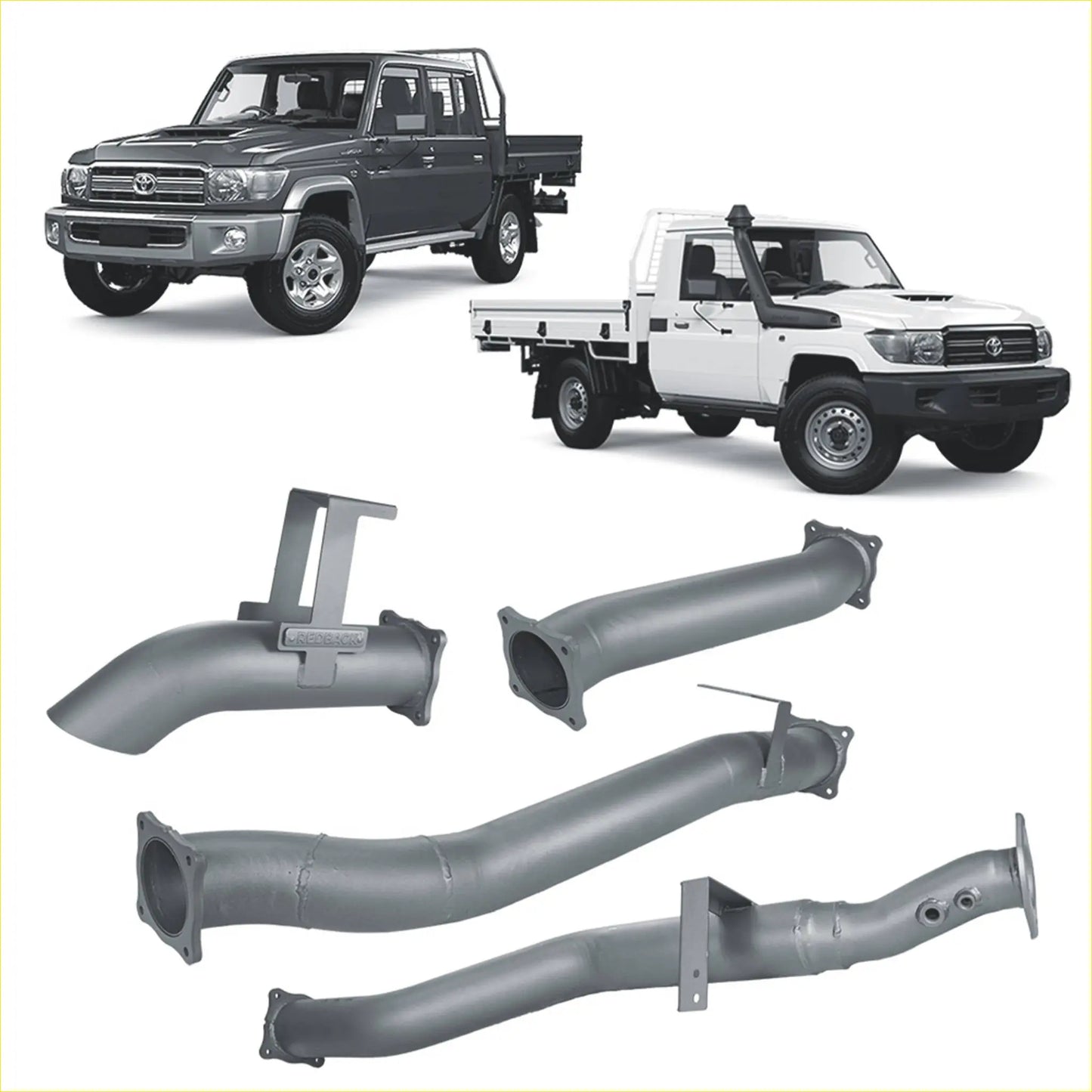 Gray metallic exhaust manifold components of redback extreme duty 4 inch turbo back kit for toyota land cruiser