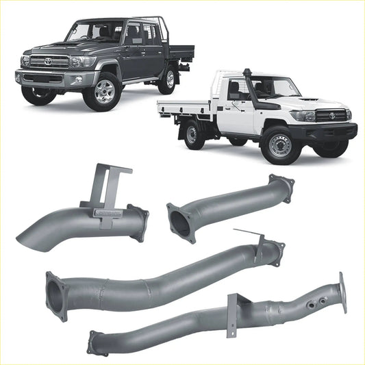 Gray metallic exhaust manifold components of redback extreme duty 4 inch turbo back kit for toyota land cruiser