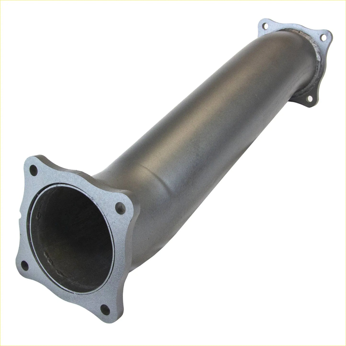 Silver metallic exhaust manifold with flanged ends and bolt holes for redback extreme duty 4 turbo back exhaust