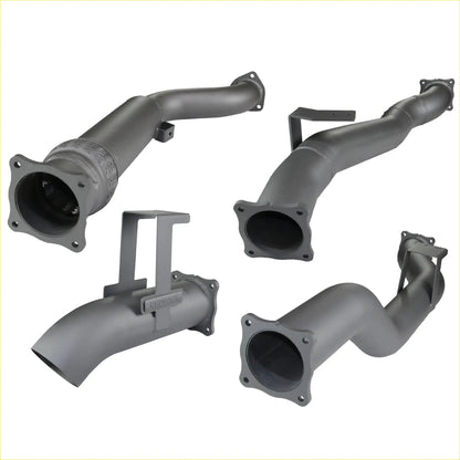 Set of four gray metallic exhaust manifolds with flanged ends for redback extreme duty 4 inch turbo back exhaust