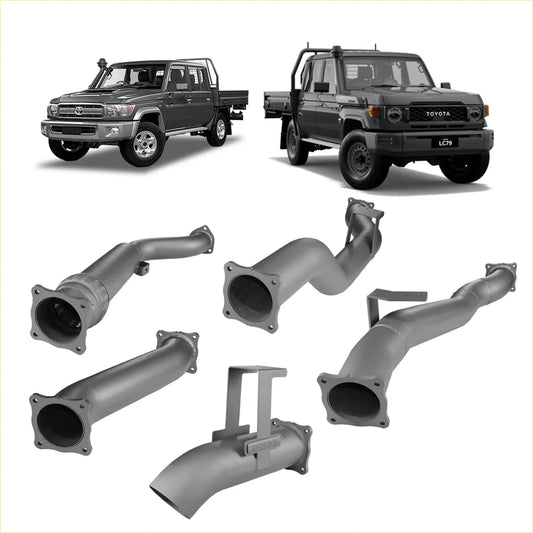 Gray metallic exhaust manifold system shown from back for redback extreme duty 4 inch turbo back exhaust toyota lc79