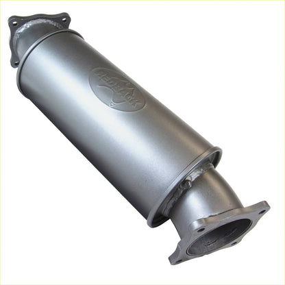 Silver metallic cylindrical catalytic converter with redrock logo for redback extreme duty 4 turbo back exhaust