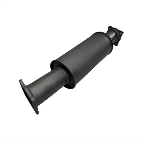 Black cylindrical automotive catalytic converter with flanged ends for mounting in redback extreme duty resonator muffler