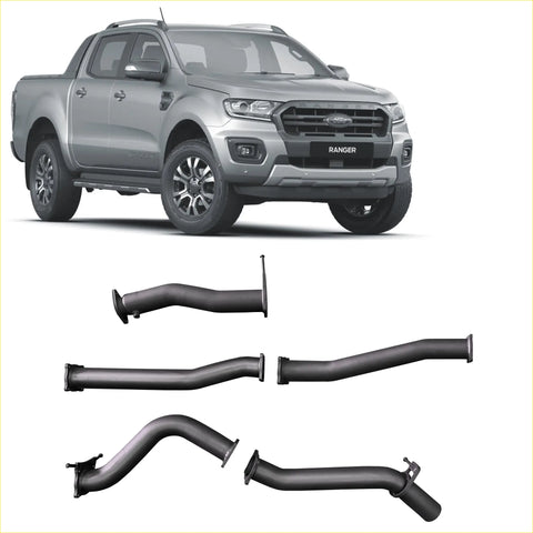 Silver ford ranger with black redback extreme duty exhaust manifold components shown from the backside