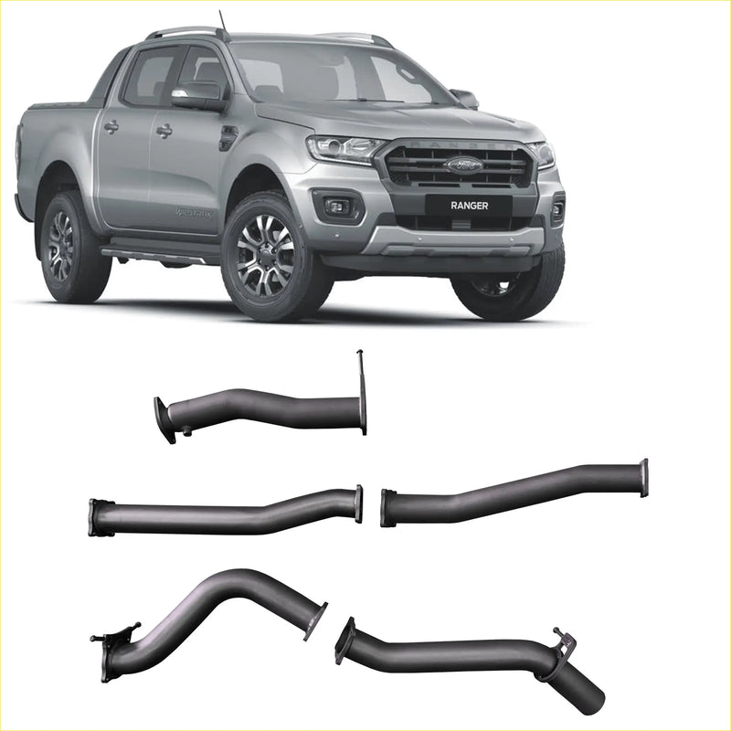 Silver ford ranger with black redback extreme duty exhaust manifold components shown from the backside