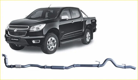 Black holden colorado pickup truck showing redback extreme duty chrome exhaust system from the back side