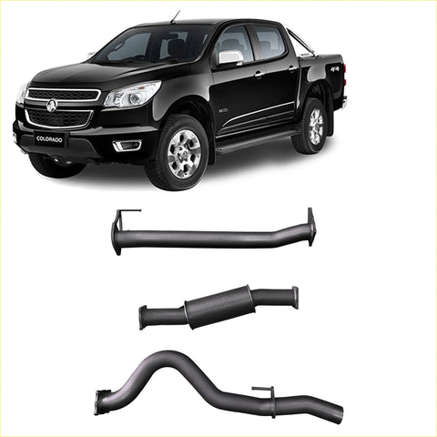 Black metal exhaust system components shown from the back for redback extreme duty exhaust holden colorado rg 2.8l