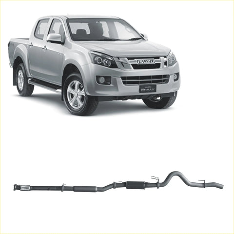 Silver isuzu d-max pickup showing the black redback extreme duty exhaust system installed underneath from the back side