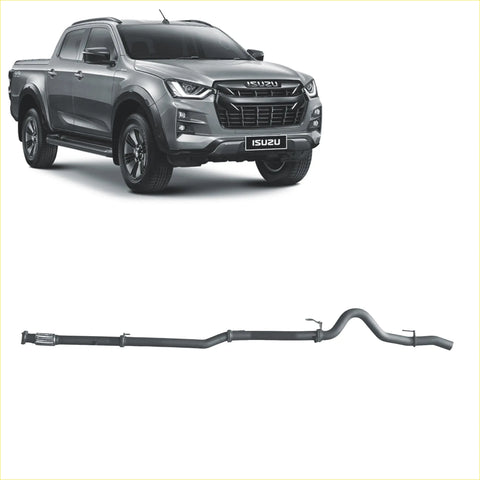 Gray metallic redback extreme duty exhaust system for isuzu d-max pickup truck shown from the back side