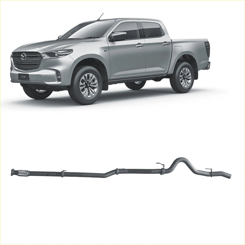 Silver metallic redback extreme duty exhaust system for mazda bt-50 pickup truck shown from the back side