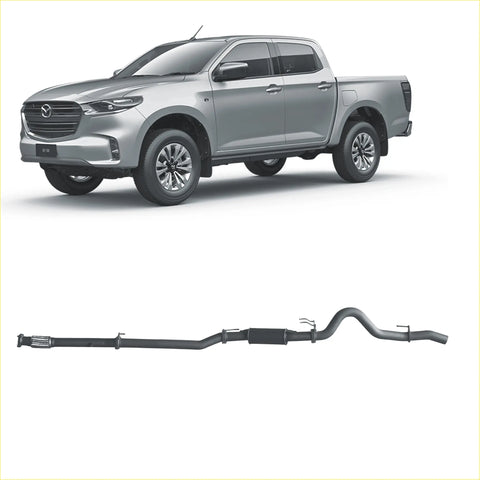 Silver mazda bt-50 pickup truck showing the black redback extreme duty exhaust system from the back side