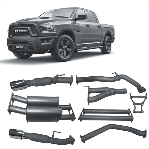 Black and chrome redback extreme duty exhaust system components for ram 1500 5.7l v8 ds series pickup truck