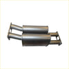 Silver metallic dual exhaust system with cylindrical chambers and flanged ends for ram 1500 5.7l v8 back side view
