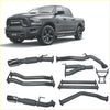 Black and chrome redback extreme duty exhaust system components for ram 1500 5.7L V8 DS series back side view