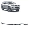 Silver toyota fortuner suv with a black redback extreme duty exhaust system shown from the back side