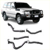 Black metal exhaust manifold system for toyota land cruiser 70 series shown from the back in redback extreme duty exhaust setup