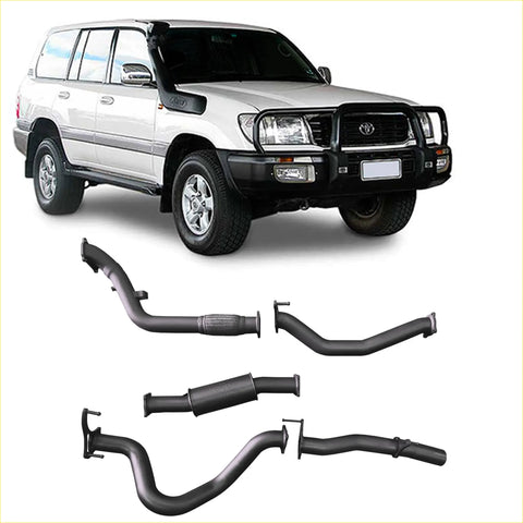 Black metal redback extreme duty exhaust system components for white toyota land cruiser 100 series from back side