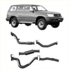 Black metal exhaust system components shown from the back for redback extreme duty exhaust toyota landcruiser 105 wagon