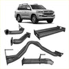 Silver toyota land cruiser 200 with black trim and alloy wheels next to matte black redback extreme duty exhaust parts