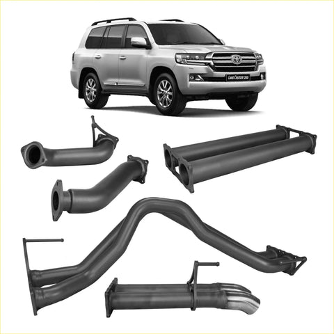 Silver toyota land cruiser 200 with black trim and alloy wheels next to matte black redback extreme duty exhaust parts