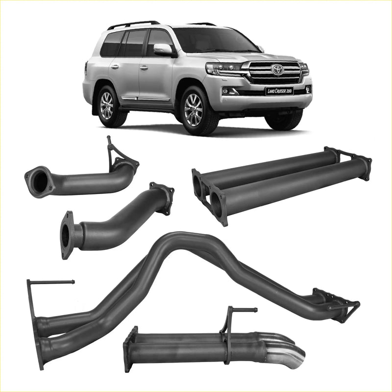 Silver toyota land cruiser 200 with black trim and alloy wheels next to matte black redback extreme duty exhaust parts