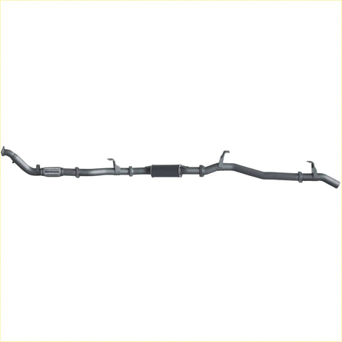 Black metal redback extreme duty exhaust for toyota landcruiser 76 series wagon with central catalytic converter and flanged ends visible from back
