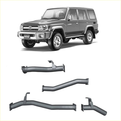 Gray metallic exhaust manifold system showing back side for redback extreme duty exhaust on toyota landcruiser 76 series