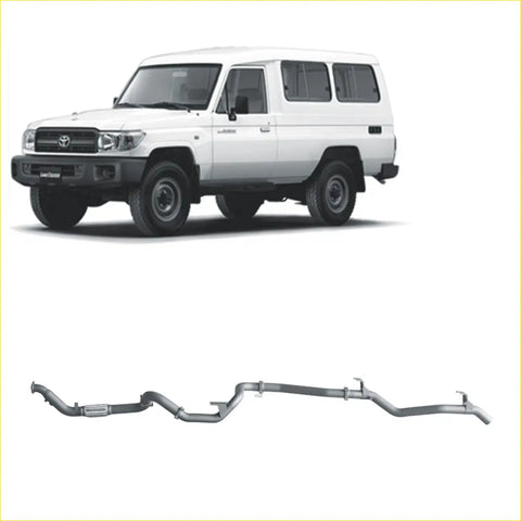 Silver metallic redback extreme duty exhaust for toyota landcruiser 78 series 4.2l td shown from back side