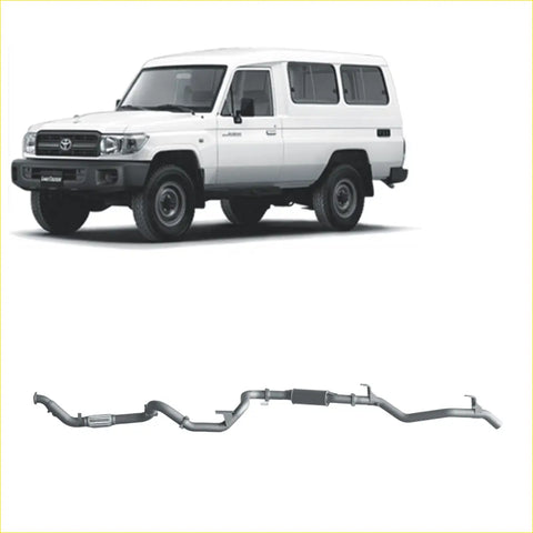 Silver metallic redback extreme duty exhaust system for toyota landcruiser 78 series 4.2l td shown from back side