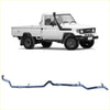 White toyota land cruiser pickup with black trim and rugged tires showing blue metallic redback extreme duty exhaust below