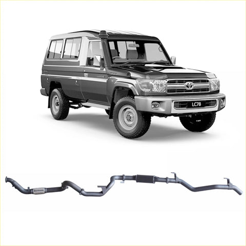 Black and silver metallic redback extreme duty exhaust system for toyota landcruiser 78 series shown from back side