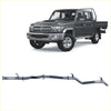 Gray metallic exhaust manifold shown from the back for toyota land cruiser 70 series in redback extreme duty exhaust