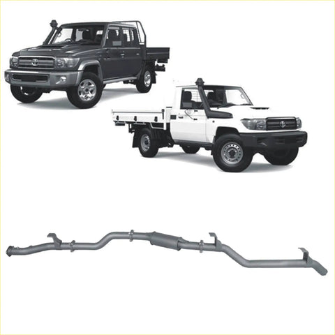 Gray metallic redback extreme duty exhaust system shown from the back for toyota landcruiser 79 series single
