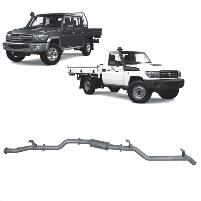 Gray metallic redback extreme duty exhaust system shown from the back for toyota landcruiser 79 series single