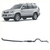 Silver toyota prado suv with black side steps and redback matte black exhaust system with chrome connectors seen from back