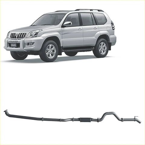 Silver toyota prado suv with black side steps and redback matte black exhaust system with chrome connectors seen from back