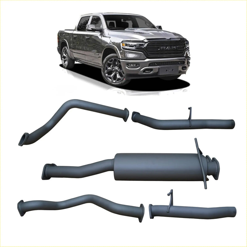Black metal redback extreme duty exhaust system components for ram 1500 dt 2018 on shown from the back side