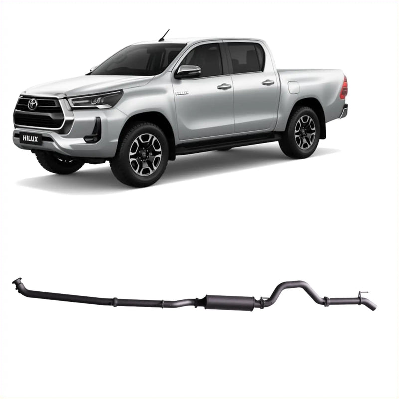 Silver toyota hilux with black alloy wheels and redback extreme duty aftermarket exhaust system below rear side