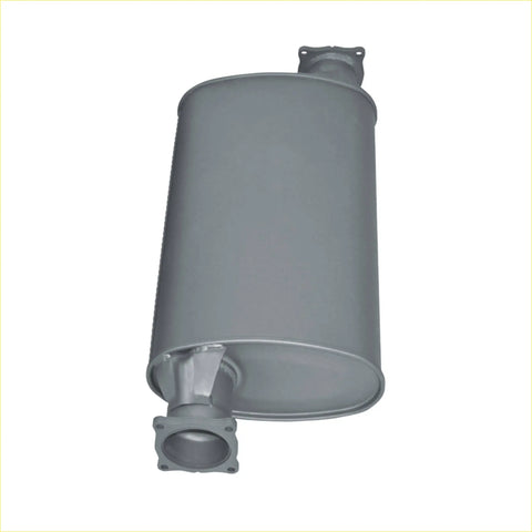 Gray metallic exhaust muffler with flanged ends and cylindrical body from redback extreme duty offset 11x6 triflow