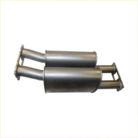 Silver metallic dual exhaust muffler assembly with cylindrical chambers and flanged ends for redback extreme duty