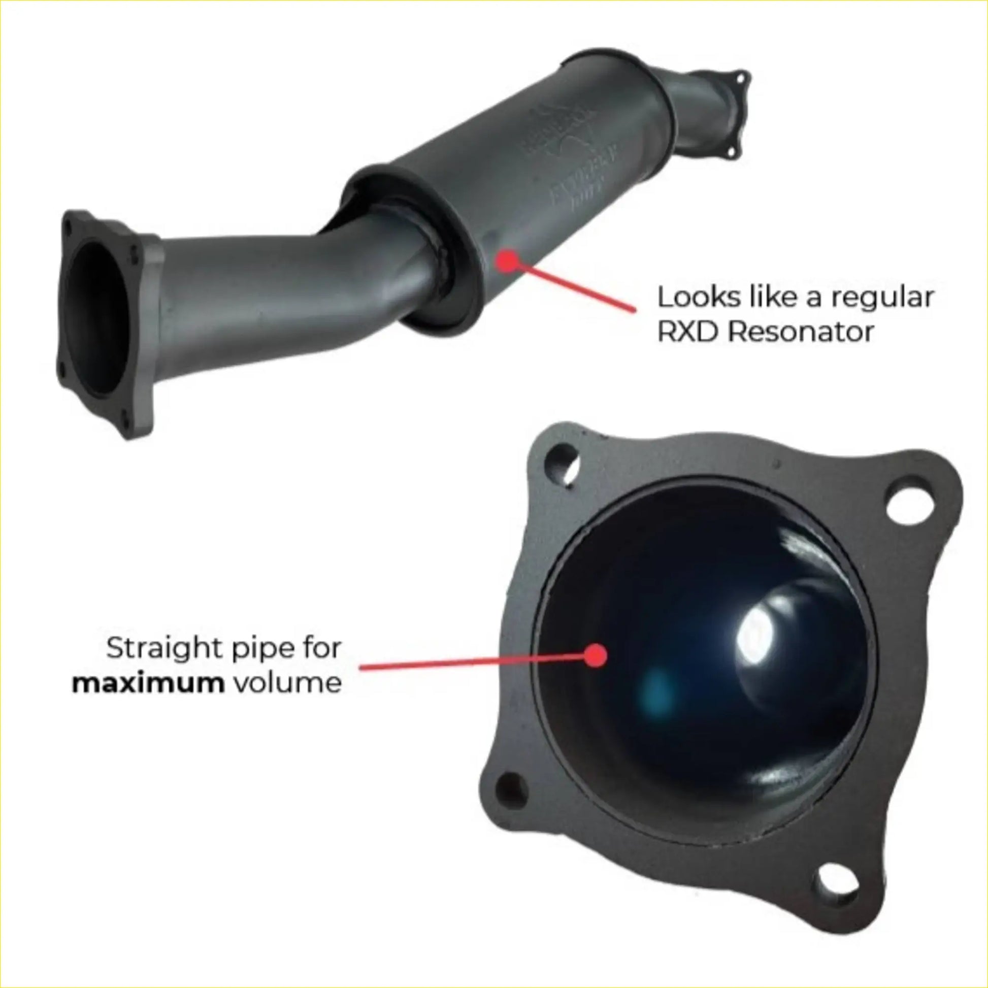 Black redback extreme duty straight piped resonator with flanged ends and offset offset design for max volume