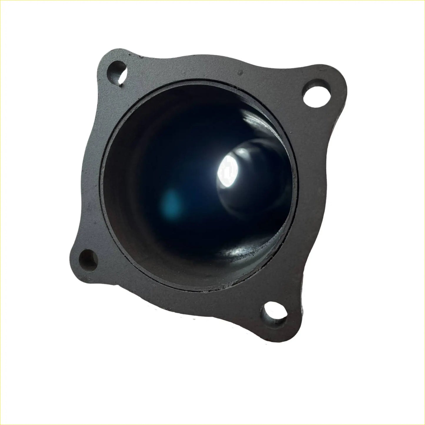 Black cast iron flange with four mounting holes and central opening for redback extreme duty straight piped resonator