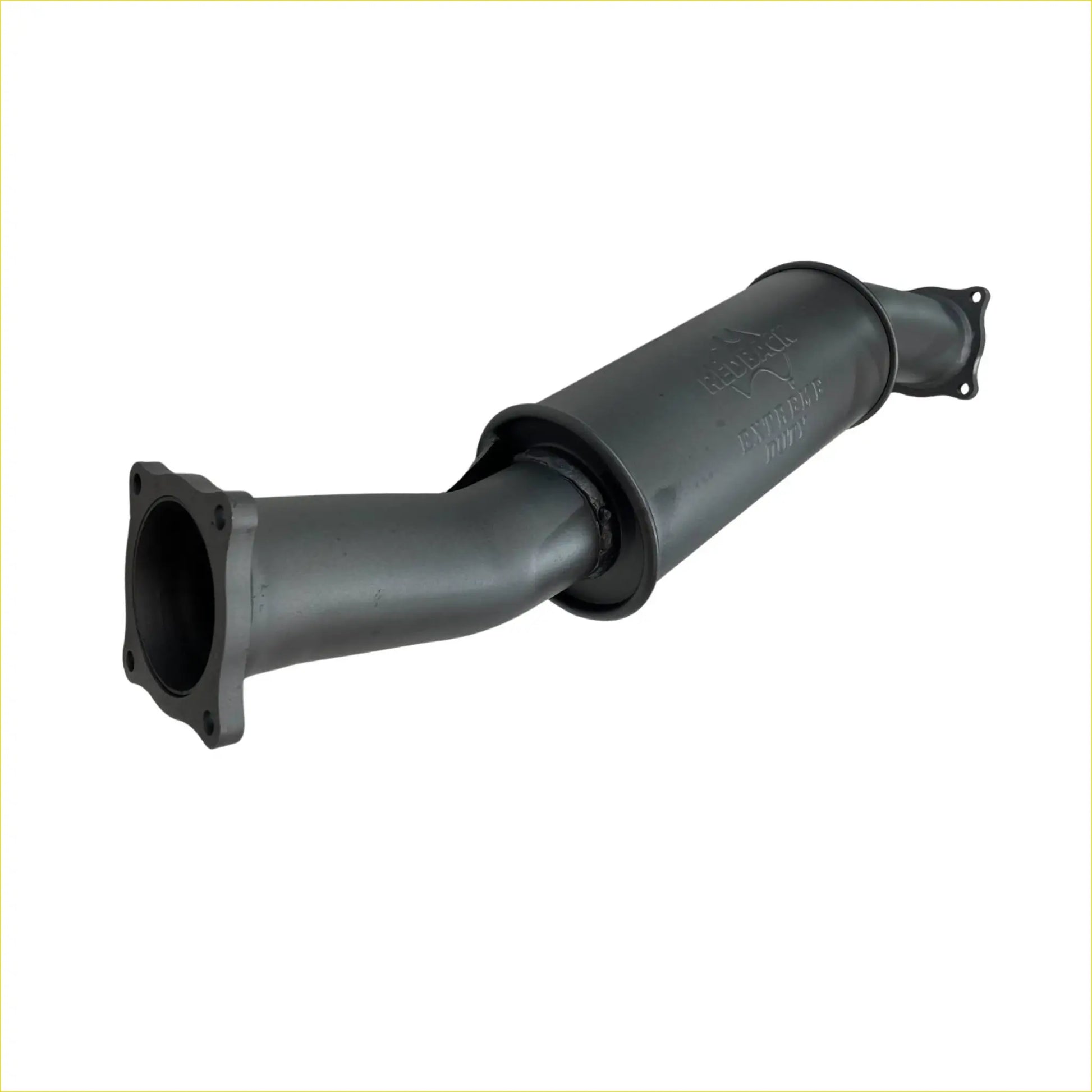 Black cylindrical catalytic converter with flanged ends and embossed branding for redback extreme duty resonator