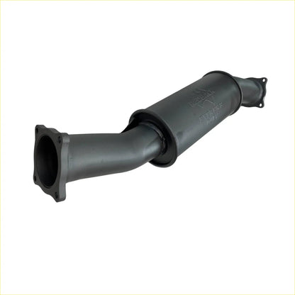 Black cylindrical catalytic converter with flanged ends and embossed branding for redback extreme duty resonator