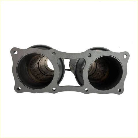 Black dual-exhaust manifold with flanged ends and bolt holes for redback extreme duty twin 6 inch resonator