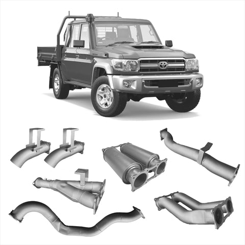 Silver metallic redback extreme duty twin 4 inch exhaust system components for toyota landcruiser 79 series back side