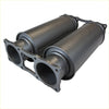 Black dual exhaust system with matte finish and flanged mounting brackets for redback extreme duty twin 4 inch exhaust