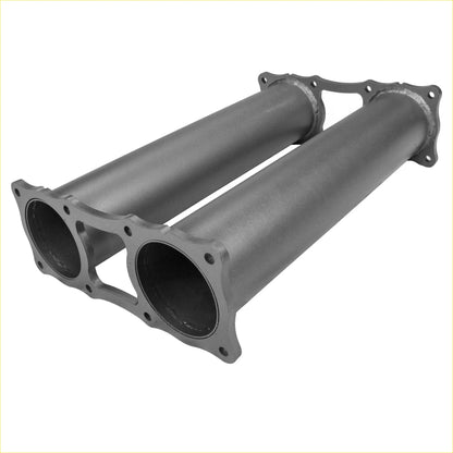 Gray metallic dual exhaust manifold with flanged ends and bolt holes part of redback extreme duty twin 4 turbo back exhaust